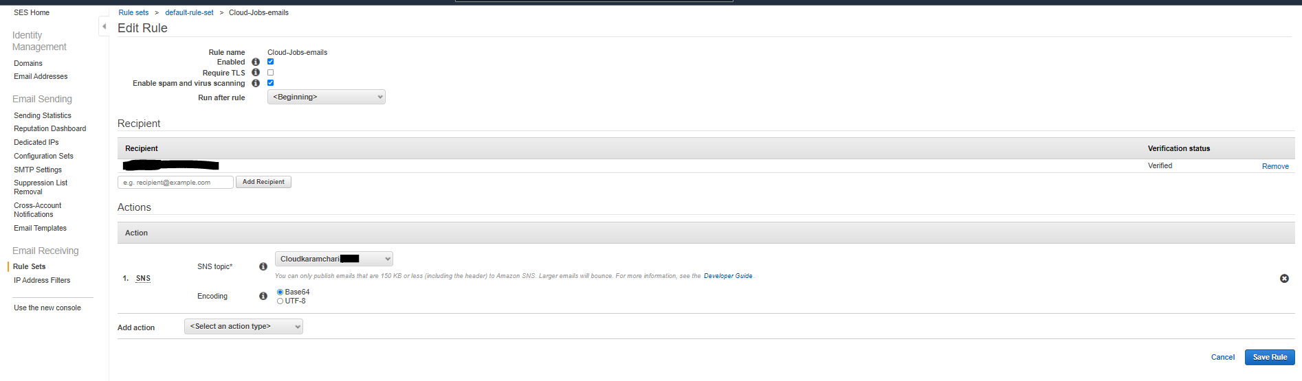 AWS SES email receive rule