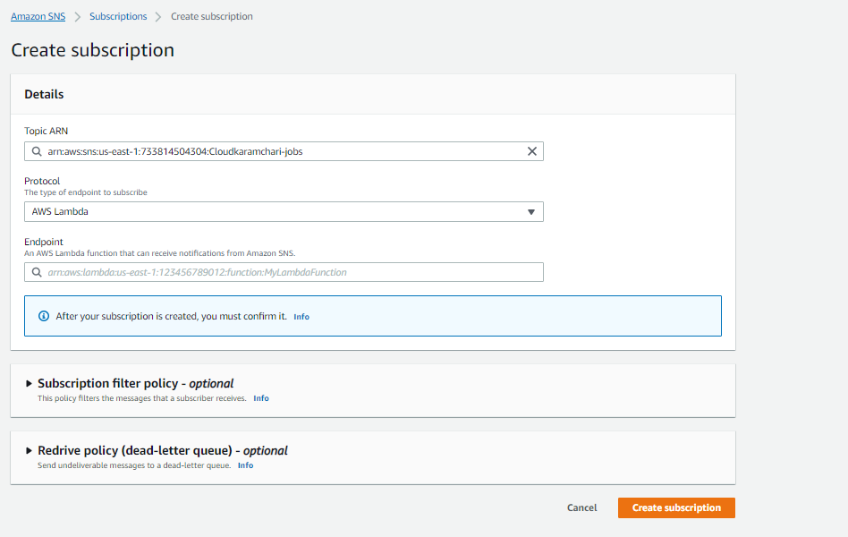 AWS SNS subscription