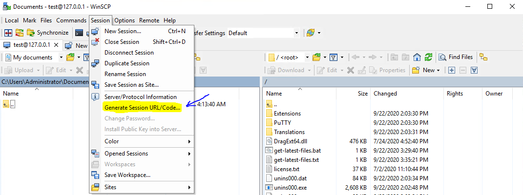 WinSCP generate Session Code